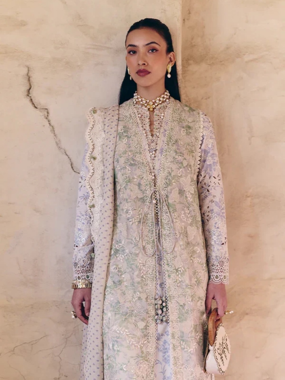Embroidered Maxi Dress with Scalloped Lace Cape in Light Sage - Picture 7 of 12